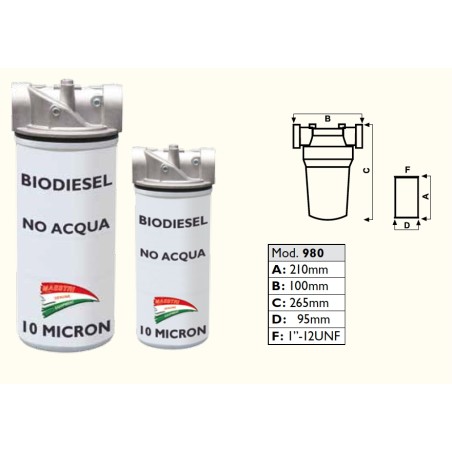 Filtro a cartuccia separatore acqua/biodiesel 